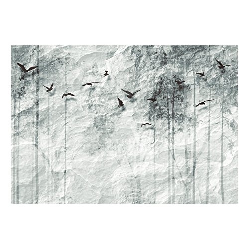 decomonkey Fototapete selbstklebend Steinwand 343x256 cm XL Selbstklebende Tapeten Wand Fototapeten Tapete Wandtapete klebend Klebefolie Baum Natur Vogel