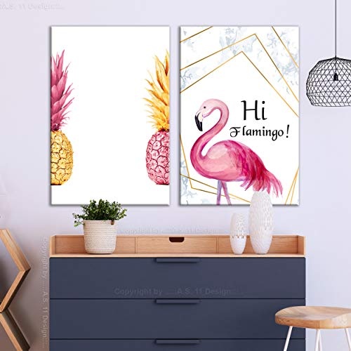 decomonkey Bilder Flamingo Ananas 80x60 cm 2 Teilig Leinwandbilder Bild auf Leinwand Vlies Wandbild Kunstdruck Wanddeko Wand Wohnzimmer Wanddekoration Deko Abstrakt