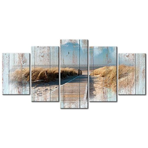 decomonkey Bilder Strand Meer 100x50 cm 5 Teilig Leinwandbilder Bild auf Leinwand Vlies Wandbild Kunstdruck Wanddeko Wand Wohnzimmer Wanddekoration Deko Holzeffekt Landschaft