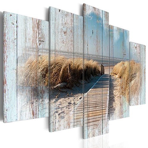 decomonkey Bilder Strand Meer 100x50 cm 5 Teilig Leinwandbilder Bild auf Leinwand Vlies Wandbild Kunstdruck Wanddeko Wand Wohnzimmer Wanddekoration Deko Holzeffekt Landschaft