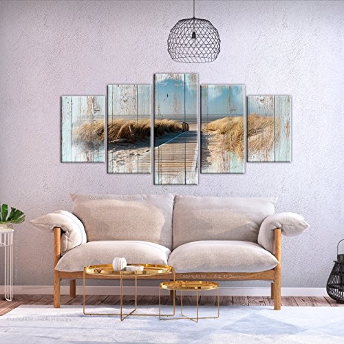 decomonkey Bilder Strand Meer 100x50 cm 5 Teilig Leinwandbilder Bild auf Leinwand Vlies Wandbild Kunstdruck Wanddeko Wand Wohnzimmer Wanddekoration Deko Holzeffekt Landschaft