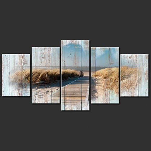 decomonkey Bilder Strand Meer 100x50 cm 5 Teilig Leinwandbilder Bild auf Leinwand Vlies Wandbild Kunstdruck Wanddeko Wand Wohnzimmer Wanddekoration Deko Holzeffekt Landschaft