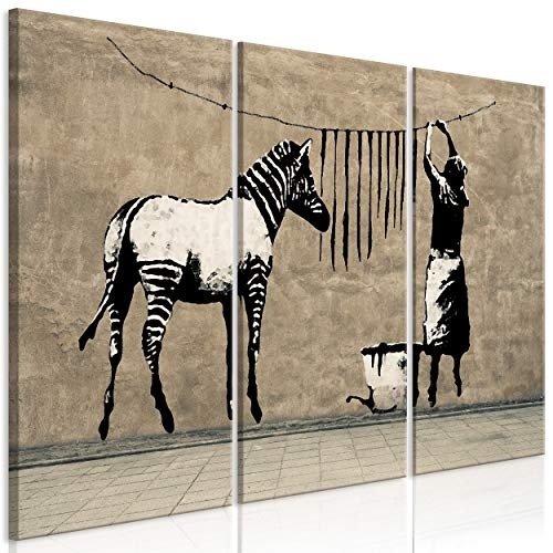 decomonkey Akustikbild Banksy Graffiti 135x90 cm 3 Teilig Bilder Leinwandbilder Wandbilder XXL Schallschlucker Schallschutz Akustikdämmung Wandbild Deko leise Street Art Mural Zebra