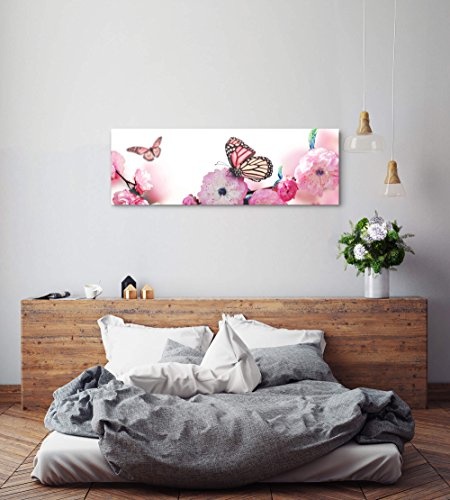 Paul Sinus Art Leinwandbilder | Bilder Leinwand 120x40cm Schmetterlinge auf Japanischen Kirschblüten