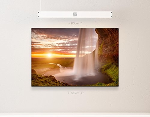 Paul Sinus Art Leinwandbilder | Bilder Leinwand 120x80cm Traumhafter Sonnenaufgang mit Wasserfall - Island