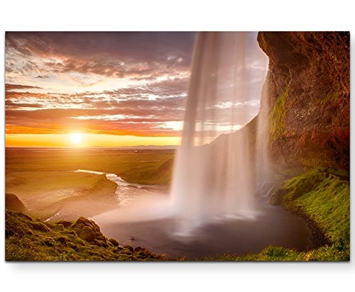 Paul Sinus Art Leinwandbilder | Bilder Leinwand 120x80cm Traumhafter Sonnenaufgang mit Wasserfall - Island