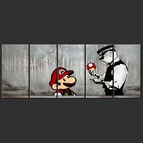 decomonkey Akustikbild Banksy Mario 200x80 cm XXL 5 Teilig Leinwand Wandbilder XXL Schallschlucker Schallschutz Akustikdämmung Wand Bild leise Street Art