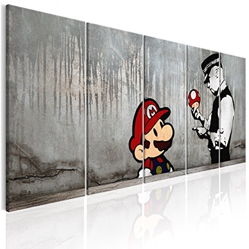 decomonkey Akustikbild Banksy Mario 200x80 cm XXL 5 Teilig Leinwand Wandbilder XXL Schallschlucker Schallschutz Akustikdämmung Wand Bild leise Street Art