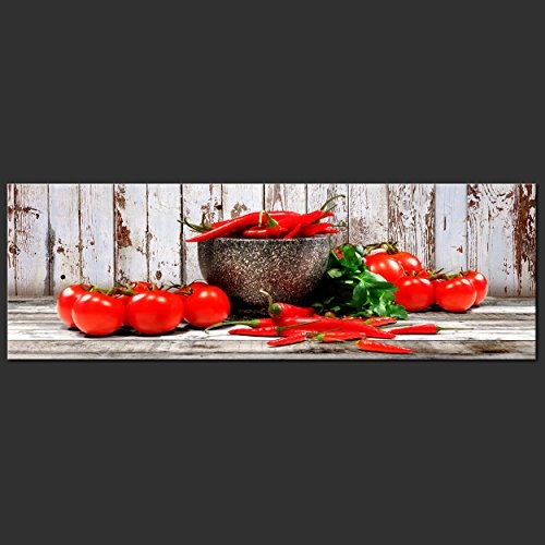 decomonkey Akustikbild Küche Gemüse 120x40 cm 1 Teilig Bilder Leinwandbilder Wandbilder XXL Schallschlucker Schallschutz Akustikdämmung Wandbild Deko leise Paprika Tomate