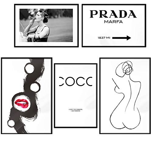 decomonkey | Poster 5er - Set schwarz-weiß Abstrakt Kunstdruck Wandbild Print Bilder Kunstposter Wandposter Posterset Prada Marfa Coco Chanel Fashion Necte Frau Porträt rot Mund