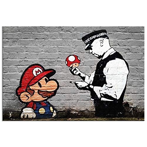 decomonkey | Mega XXXL Bilder Mario and Cop Banksy | Wandbild Leinwand 160x80 cm Selbstmontage DIY Einteiliger XXL Kunstdruck zum aufhängen | Street Art