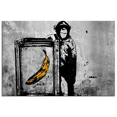 decomonkey | Mega XXXL Bilder Banksy AFFE | Wandbild Leinwand 165x110 cm Selbstmontage DIY Einteiliger XXL Kunstdruck zum aufhängen | Street Art Banane Mauer grau