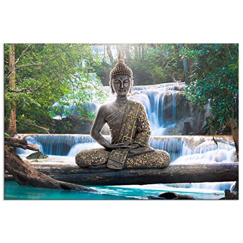 decomonkey | Mega XXXL Bilder Buddha | Wandbild Leinwand 160x80 cm Selbstmontage DIY Einteiliger XXL Kunstdruck zum aufhängen | Natur Wasserfall