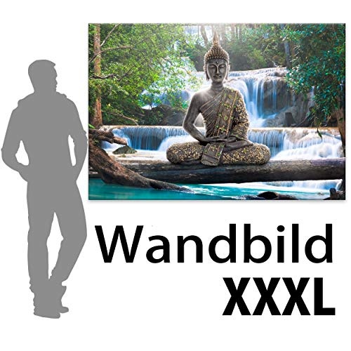 decomonkey | Mega XXXL Bilder Buddha | Wandbild Leinwand 160x80 cm Selbstmontage DIY Einteiliger XXL Kunstdruck zum aufhängen | Natur Wasserfall