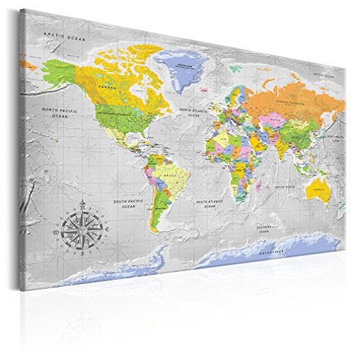 decomonkey Pinnwand politische Weltkarte 90x60 cm Bilder Leinwand Bild Wandbilder auch als Korktafel nutzbar Korkwand Leinwandbilder Kontinent Welt Karte Landkarte Komplettbilder im Holzrahmen