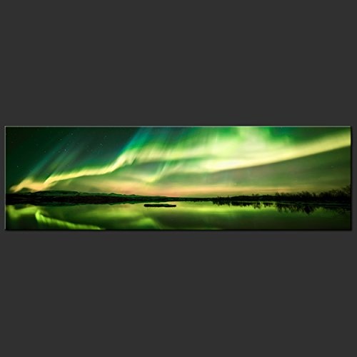 decomonkey Bilder Polarlicht 150x45 cm XXL 1 Teilig Leinwandbilder Bild auf Leinwand Vlies Wandbild Kunstdruck Wanddeko Wand Wohnzimmer Wanddekoration Deko Landschaft Nordlicht schwarz grün