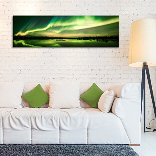 decomonkey Bilder Polarlicht 150x45 cm XXL 1 Teilig Leinwandbilder Bild auf Leinwand Vlies Wandbild Kunstdruck Wanddeko Wand Wohnzimmer Wanddekoration Deko Landschaft Nordlicht schwarz grün