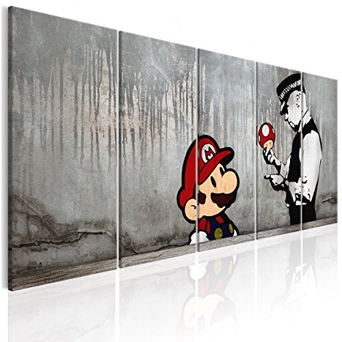 decomonkey Bilder Banksy Mario 200x80 cm XXL 5 Teilig Leinwandbilder Bild auf Leinwand Vlies Wandbild Kunstdruck Wanddeko Wand Wohnzimmer Wanddekoration Deko Street Art