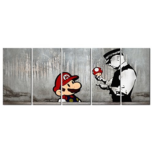 decomonkey Bilder Banksy Mario 200x80 cm XXL 5 Teilig Leinwandbilder Bild auf Leinwand Vlies Wandbild Kunstdruck Wanddeko Wand Wohnzimmer Wanddekoration Deko Street Art