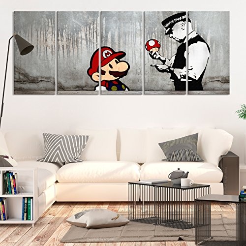 decomonkey Bilder Banksy Mario 200x80 cm XXL 5 Teilig Leinwandbilder Bild auf Leinwand Vlies Wandbild Kunstdruck Wanddeko Wand Wohnzimmer Wanddekoration Deko Street Art