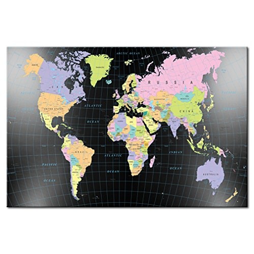 Weltkarte Pinnwand 90x60 cm Leinwand | Bilder Leinwandbilder - Fertig aufgespannt auf dicker 10mm Holzfasertafel! Aufhängfertig! Auch als Korktafel nutzbar! PWB0034a1S