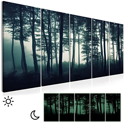 decomonkey Leinwand Bilder nachtleuchtend 225x90 cm 5 Teilig Wandbilder Tag & Nacht Design Bilder mit 3D nachleuchtenden Farben Vlies Leinwand Natur Wald Baum Landschaft