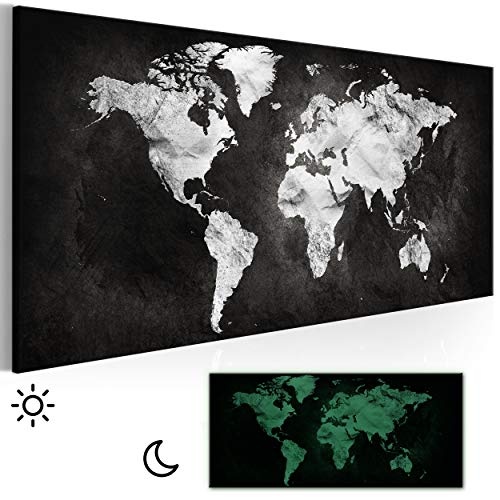 decomonkey Leinwand Bilder nachtleuchtend Weltkarte Schwarz Kontinent Landkarte 100x45 cm Wandbilder Tag & Nacht Design Bilder mit 3D nachleuchtenden Vlies Leinwand Landkarte Kontinent Schwarz Grau