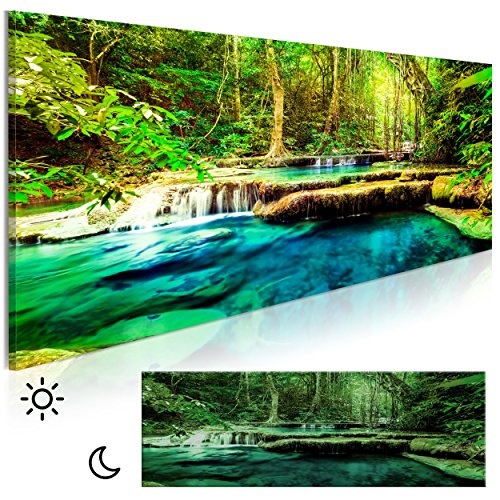 decomonkey Leinwand Bilder nachtleuchtend Wasserfall Wald Natur Landschaft 120x40 cm Wandbilder Tag & Nacht Design Bilder mit 3D nachleuchtenden Farben Vlies Leinwand DKB0120blla1PS
