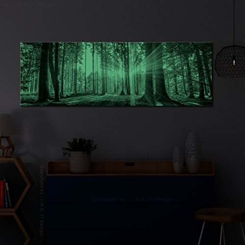 decomonkey Leinwand Bilder nachtleuchtend 135x45 cm Wald Wandbilder Tag & Nacht Design Bilder mit 3D nachleuchtenden Farben Vlies Leinwand Waldlandschaft Natur Panorama Baum