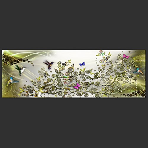 decomonkey Leinwand Bilder nachtleuchtend 120x40 cm 1 Teilig Wandbilder Tag & Nacht Design Bilder mit 3D nachleuchtenden Farben Vlies Leinwand Abstrakt Vögel Schmetterlinge Gustav Klimt grün weiß bunt