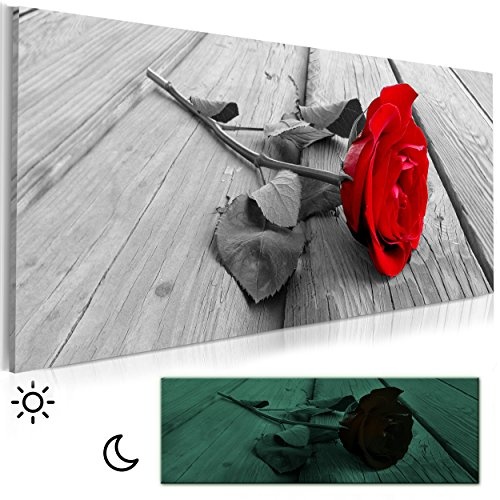 decomonkey Leinwand Bilder nachtleuchtend Blumen Rose 135x45 cm Wandbilder Tag & Nacht Design Bilder mit 3D nachleuchtenden Farben Vlies Leinwand rot grau