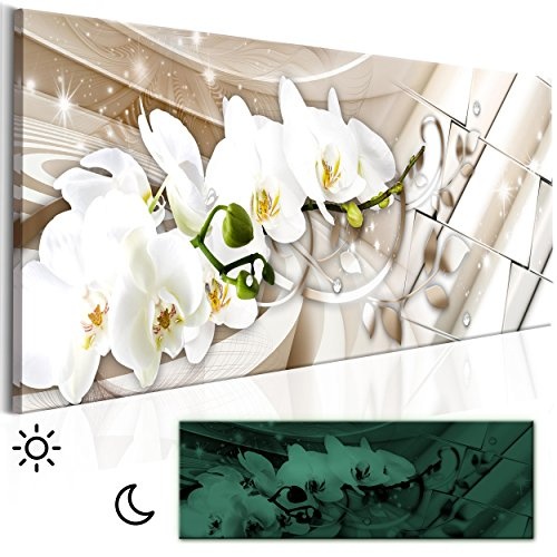 decomonkey Leinwand Bilder nachtleuchtend Blumen Orchidee 135x45 cm Wandbilder Tag & Nacht Design Bilder mit 3D nachleuchtenden Farben Vlies Leinwand modern Abstrakt