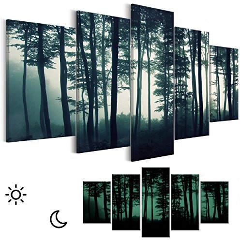 decomonkey Leinwand Bilder nachtleuchtend 225x112.5 cm 5 Teilig Wandbilder Tag & Nacht Design Bilder mit 3D nachleuchtenden Farben Vlies Leinwand Natur Baum