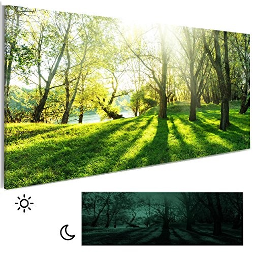 decomonkey Leinwand Bilder nachtleuchtend Wald 120x40 cm Wandbilder Tag & Nacht Design Bilder mit 3D nachleuchtenden Farben Vlies Leinwand Natur Landschaft