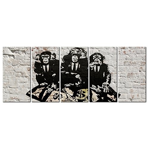 decomonkey Leinwand Bilder nachtleuchtend 200x80 cm 5 Teilig Wandbilder Tag & Nacht Design Bilder mit 3D nachleuchtenden Farben Vlies Leinwand Banksy Street Art. grau AFFE Geldsäcke Ziegel Graffiti