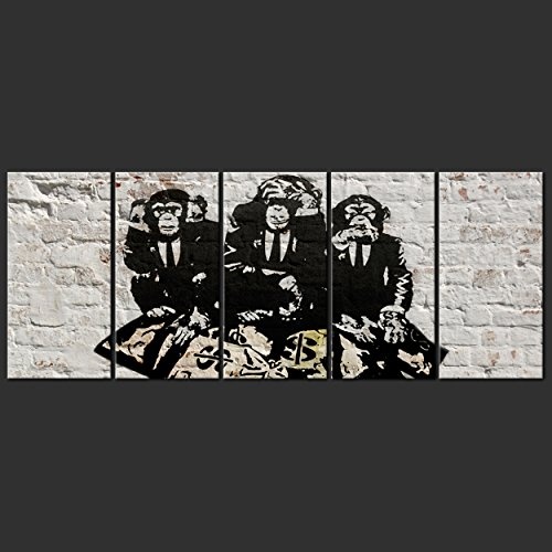 decomonkey Leinwand Bilder nachtleuchtend 200x80 cm 5 Teilig Wandbilder Tag & Nacht Design Bilder mit 3D nachleuchtenden Farben Vlies Leinwand Banksy Street Art. grau AFFE Geldsäcke Ziegel Graffiti