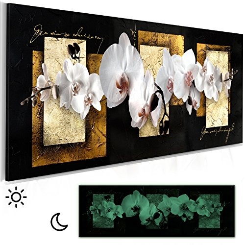decomonkey Leinwand Bilder nachtleuchtend Blumen Orchidee Ornament Abstrakt schwarz 120x40 cm Wandbilder Tag & Nacht Design Bilder mit 3D nachleuchtenden Farben Vlies Leinwand