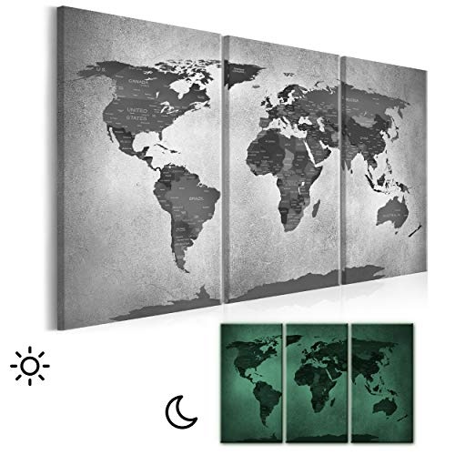 decomonkey Leinwand Bilder nachtleuchtend 135x90 cm 3 Teilig Wandbilder Tag & Nacht Design Bilder mit 3D nachleuchtenden Farben Vlies Leinwand Weltkarte Kontinente Landkarte Schwarz Grau