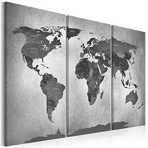 decomonkey Leinwand Bilder nachtleuchtend 135x90 cm 3 Teilig Wandbilder Tag & Nacht Design Bilder mit 3D nachleuchtenden Farben Vlies Leinwand Weltkarte Kontinente Landkarte Schwarz Grau