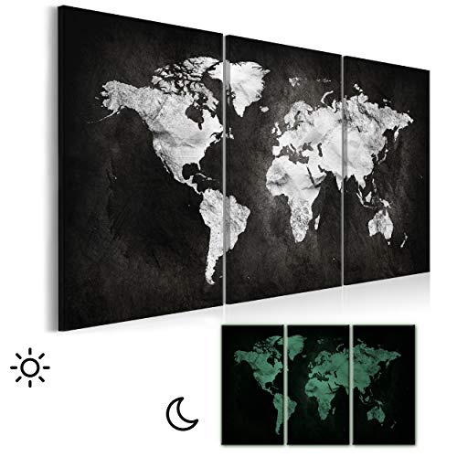 decomonkey Leinwand Bilder nachtleuchtend 135x90 cm 3 Teilig Wandbilder Tag & Nacht Design Bilder mit 3D nachleuchtenden Farben Vlies Leinwand Weltkarte Kontinente Landkarte schwarz Weiß