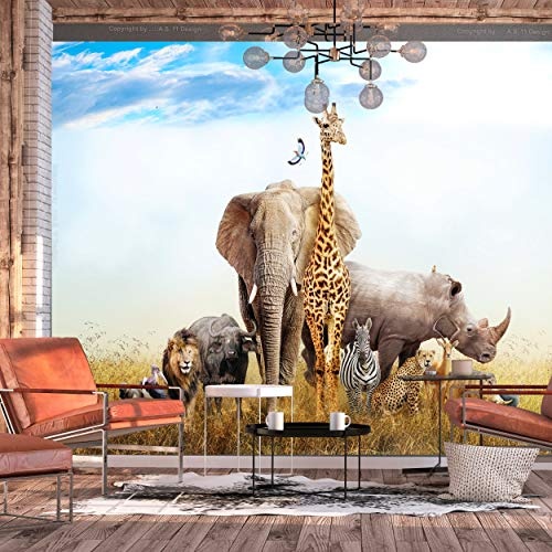 decomonkey Fototapete selbstklebend Afrika Tiere 294x210 cm XL Selbstklebende Tapeten Wand Fototapeten Tapete Wandtapete klebend Klebefolie Kinderzimmer Elefant Giraffe