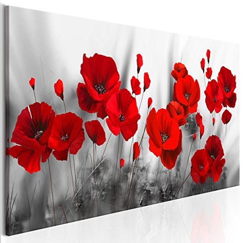 decomonkey Leinwand Bilder nachtleuchtend 120x40 cm Wandbilder Tag & Nacht Design Bilder mit 3D nachleuchtenden Farben Vlies Leinwand Blumen Mohnblumen rot