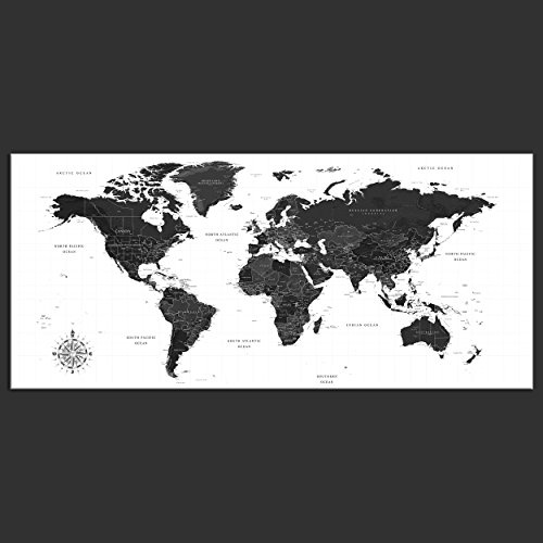 decomonkey Bilder Weltkarte 225x90 cm 5 Teilig Leinwandbilder Bild auf Leinwand Vlies Wandbild Kunstdruck Wanddeko Wand Wohnzimmer Wanddekoration Deko Landkarte Kontinente schwarz weiß