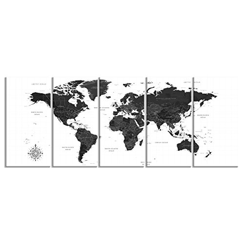 decomonkey Bilder Weltkarte 225x90 cm 5 Teilig Leinwandbilder Bild auf Leinwand Vlies Wandbild Kunstdruck Wanddeko Wand Wohnzimmer Wanddekoration Deko Landkarte Kontinente schwarz weiß