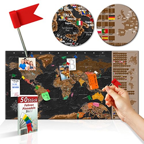 decomonkey Rubbelweltkarte Pinnwand 90x45 cm Weltkarte zum Rubbeln mit Fahnen/NationalfLaggen Rubbelkarte Full HD Scratch Off World Travel Map Landkarte inkl. 50 Markierfähnchen Pinnadeln