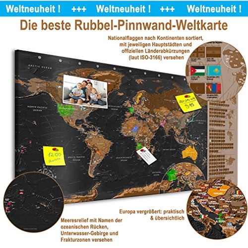 decomonkey Rubbelweltkarte Pinnwand 90x45 cm Weltkarte zum Rubbeln mit Fahnen/NationalfLaggen Rubbelkarte Full HD Scratch Off World Travel Map Landkarte inkl. 50 Markierfähnchen Pinnadeln