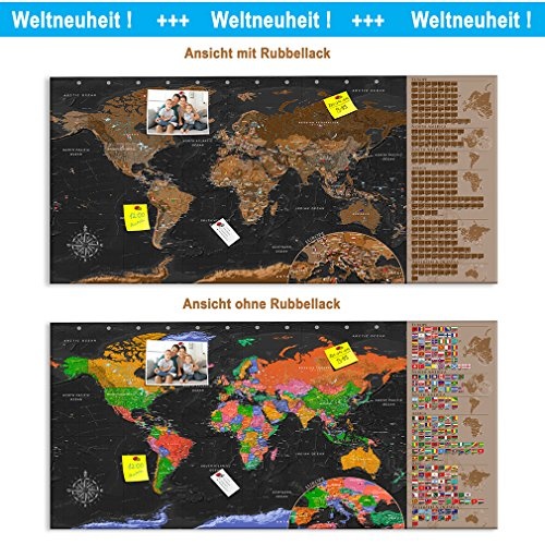 decomonkey Rubbelweltkarte Pinnwand 90x45 cm Weltkarte zum Rubbeln mit Fahnen/NationalfLaggen Rubbelkarte Full HD Scratch Off World Travel Map Landkarte inkl. 50 Markierfähnchen Pinnadeln