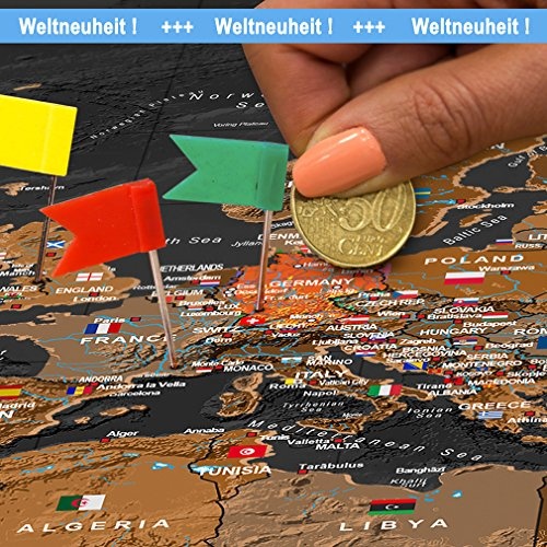 decomonkey Rubbelweltkarte Pinnwand 90x45 cm Weltkarte zum Rubbeln mit Fahnen/NationalfLaggen Rubbelkarte Full HD Scratch Off World Travel Map Landkarte inkl. 50 Markierfähnchen Pinnadeln