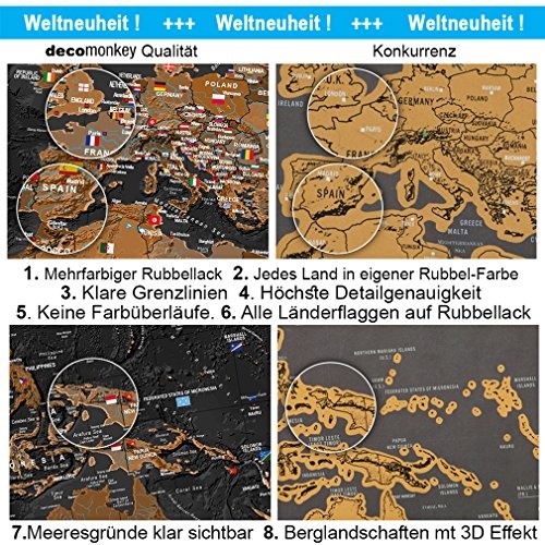 decomonkey Rubbelweltkarte Pinnwand 90x45 cm Weltkarte zum Rubbeln mit Fahnen/NationalfLaggen Rubbelkarte Full HD Scratch Off World Travel Map Landkarte inkl. 50 Markierfähnchen Pinnadeln