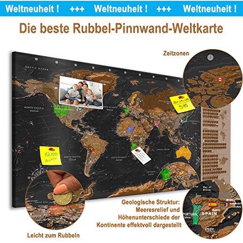 decomonkey Rubbelweltkarte Pinnwand 90x45 cm Weltkarte zum Rubbeln mit Fahnen/NationalfLaggen Rubbelkarte Full HD Scratch Off World Travel Map Landkarte inkl. 50 Markierfähnchen Pinnadeln